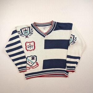 Vintage Nautical Sailing Preppy V Neck Cotton Knit Spring Sweater Medium